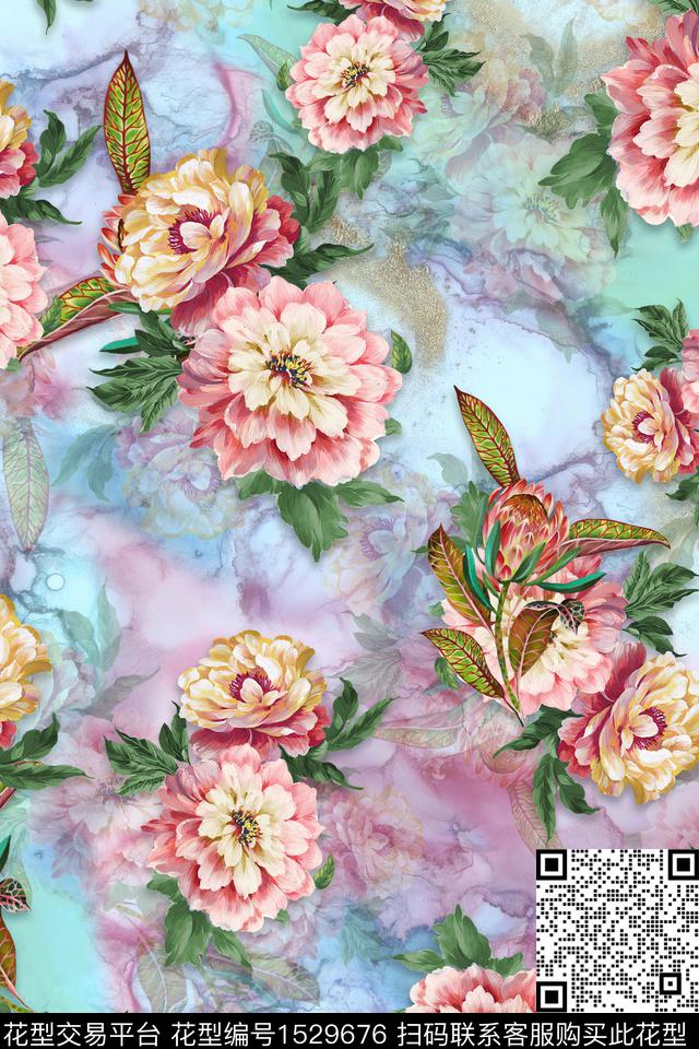 花卉水彩肌理数码印花华亿平台下载（图片编号: 1529676） - 瓦栏（Walan）
