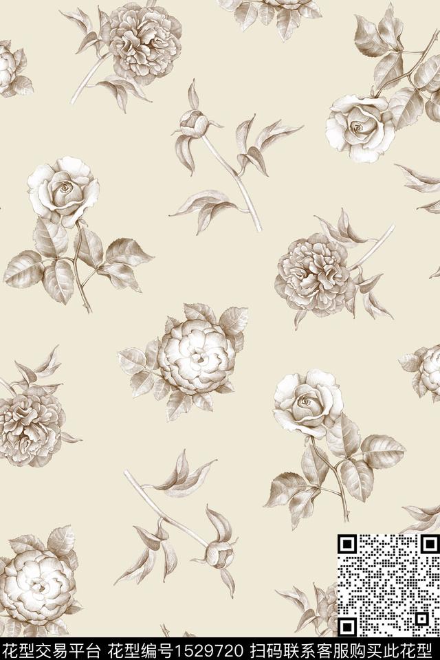 素描花卉清爽底花卉数码印花华亿平台下载（图片编号: 1529720） - 瓦栏（Walan）