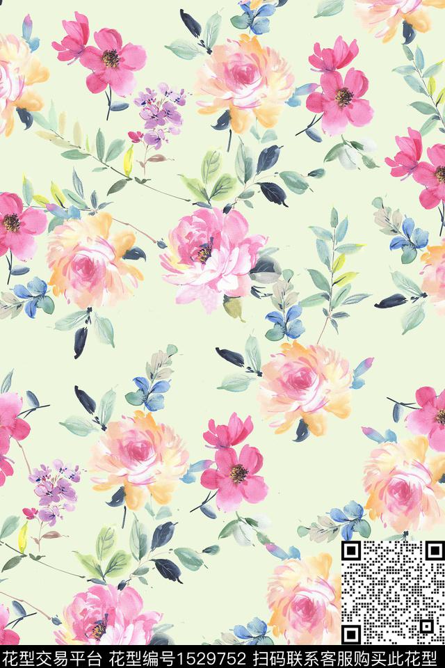 小清新水彩花卉数码印花华亿平台下载（图片编号: 1529752） - 瓦栏（Walan）
