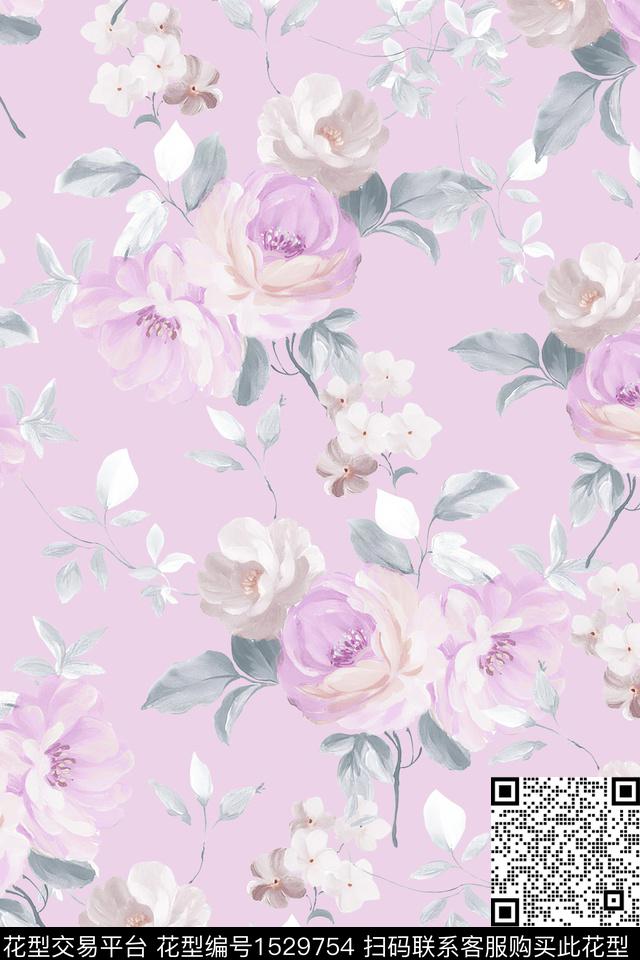 水彩大花花卉数码印花华亿平台下载（图片编号: 1529754） - 瓦栏（Walan）