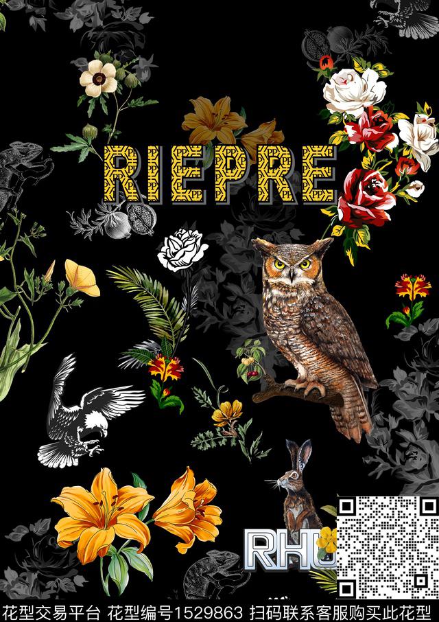 猫头鹰欧式定位花数码印花华亿平台下载（图片编号: 1529863） - 瓦栏（Walan）