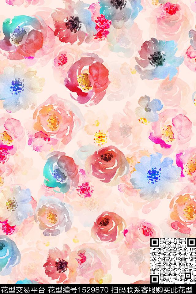 女装花卉水彩数码印花华亿平台下载（图片编号: 1529870） - 瓦栏（Walan）