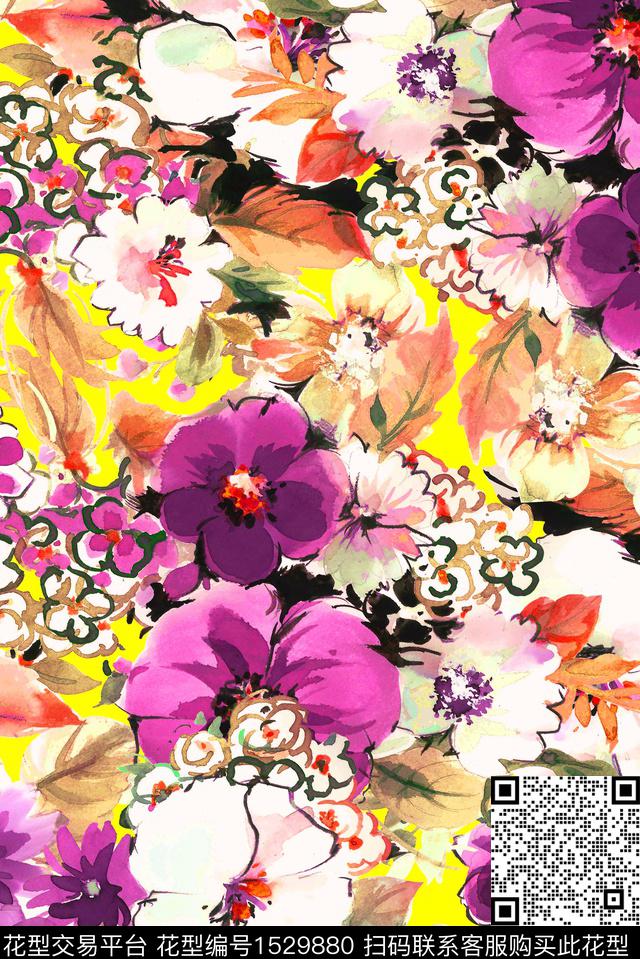 水彩花卉花卉中国风数码印花华亿平台下载（图片编号: 1529880） - 瓦栏（Walan）
