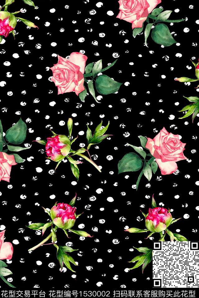 波点黑底花卉数码印花华亿平台下载（图片编号: 1530002） - 瓦栏（Walan）