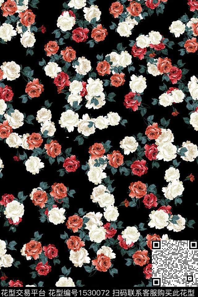 黑底花卉女装真丝数码印花华亿平台下载（图片编号: 1530072） - 瓦栏（Walan）
