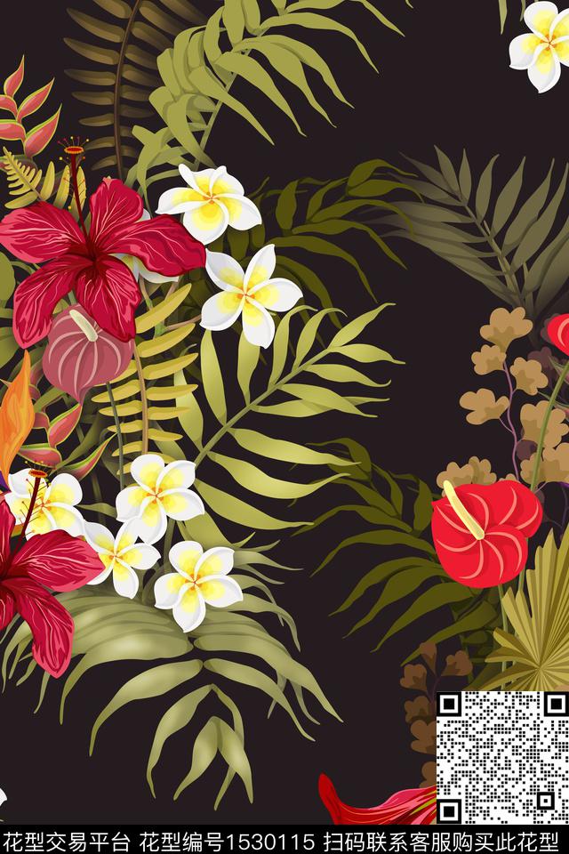 热带华亿平台花卉深色底华亿平台数码印花华亿平台下载（图片编号: 1530115） - 瓦栏（Walan）