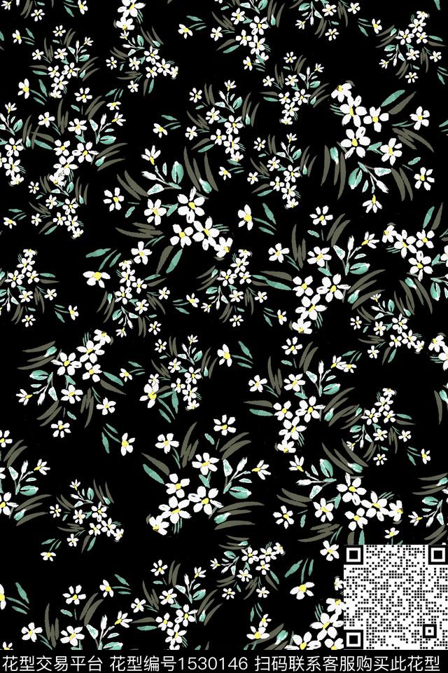 黑底花卉小清新小碎花数码印花华亿平台下载（图片编号: 1530146） - 瓦栏（Walan）