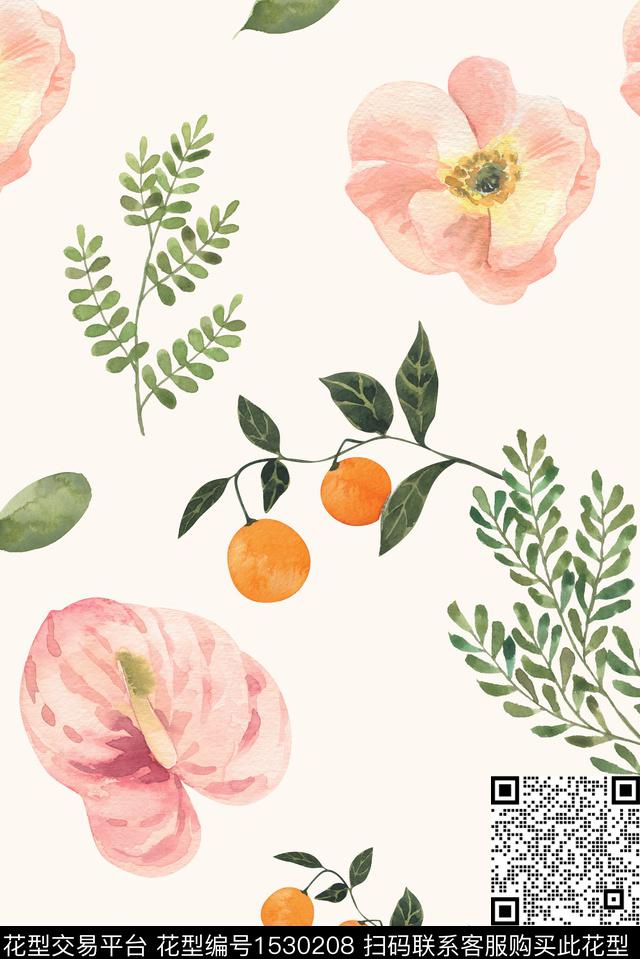 手绘大花女装绿植树叶数码印花华亿平台下载（图片编号: 1530208） - 瓦栏（Walan）