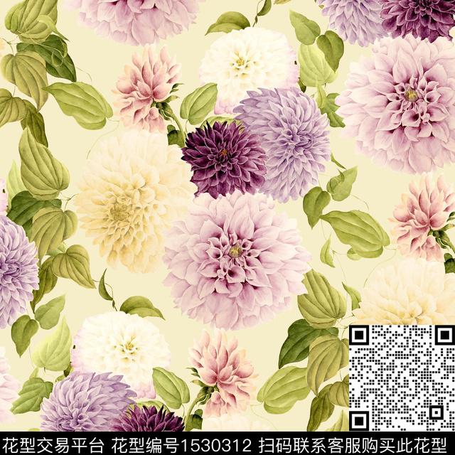 手绘大花大丽花春夏新品数码印花华亿平台下载（图片编号: 1530312） - 瓦栏（Walan）