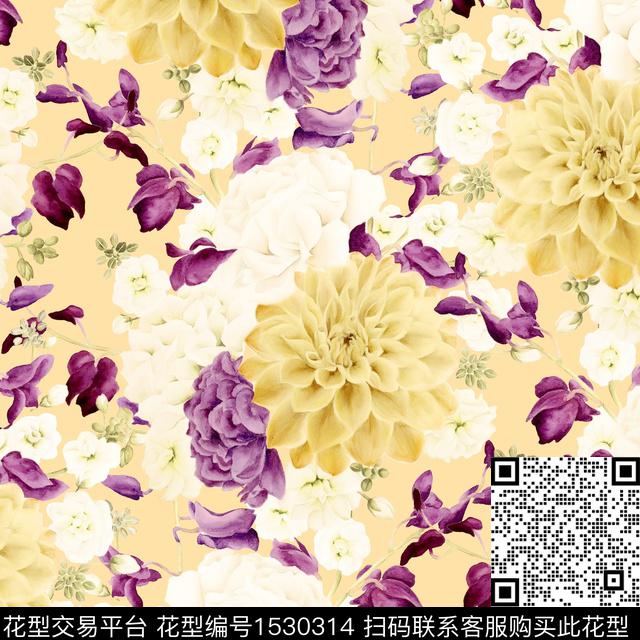 手绘大花大丽花春夏新品数码印花华亿平台下载（图片编号: 1530314） - 瓦栏（Walan）