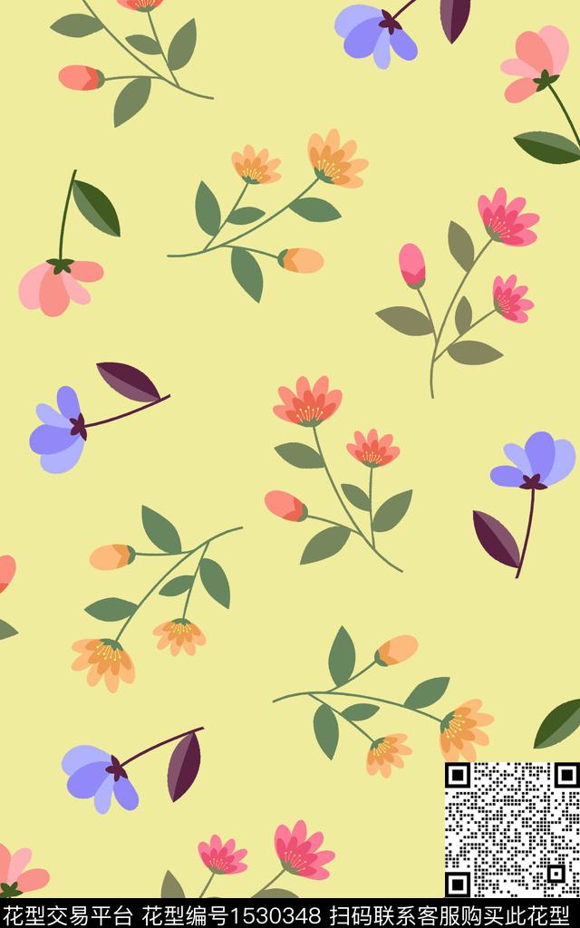 花卉简约清爽底花卉数码印花华亿平台下载（图片编号: 1530348） - 瓦栏（Walan）