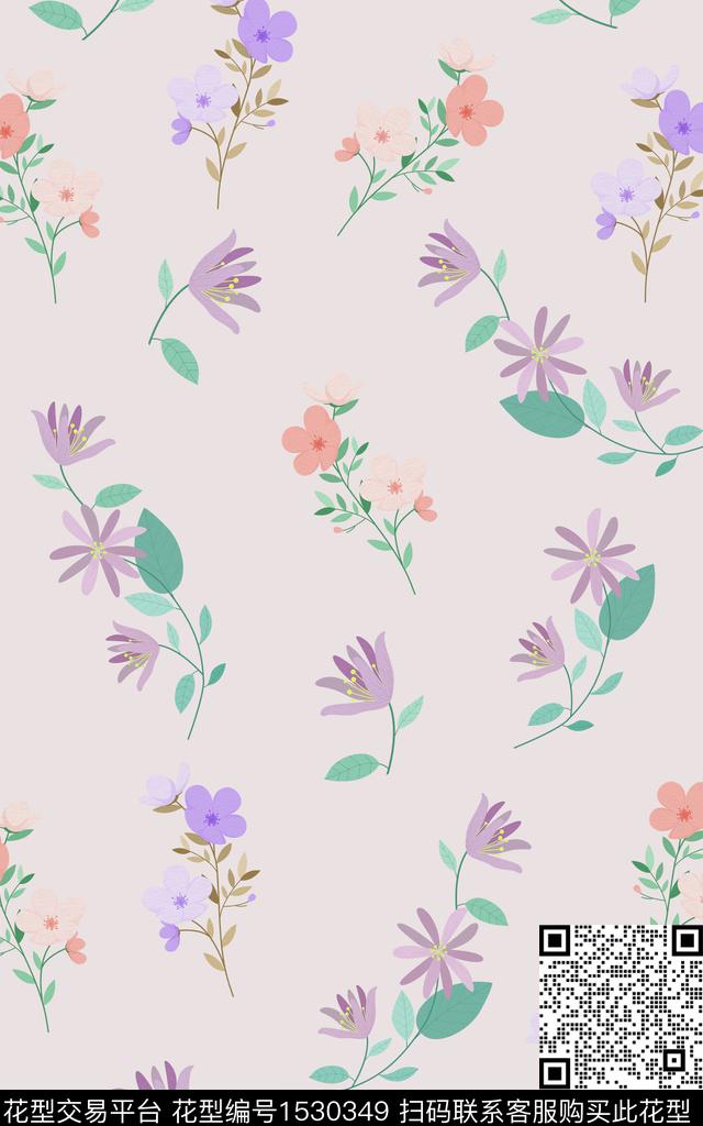 手绘花卉小清新简约数码印花华亿平台下载（图片编号: 1530349） - 瓦栏（Walan）