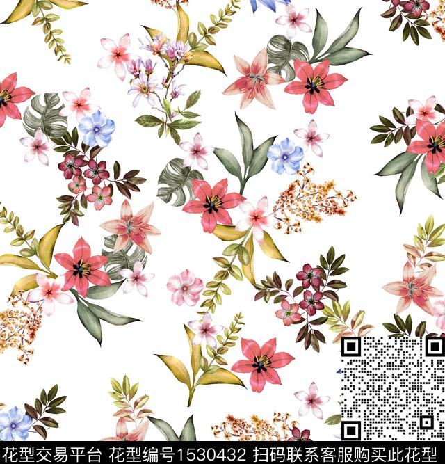 水彩花卉白底花数码印花华亿平台下载（图片编号: 1530432） - 瓦栏（Walan）