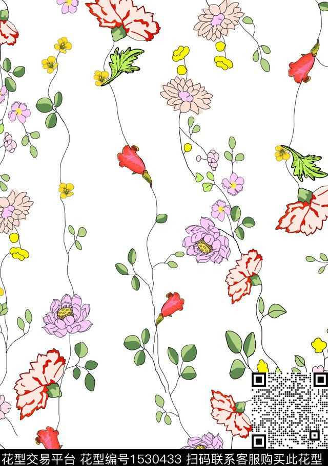 手绘花卉简约传统印花华亿平台下载（图片编号: 1530433） - 瓦栏（Walan）
