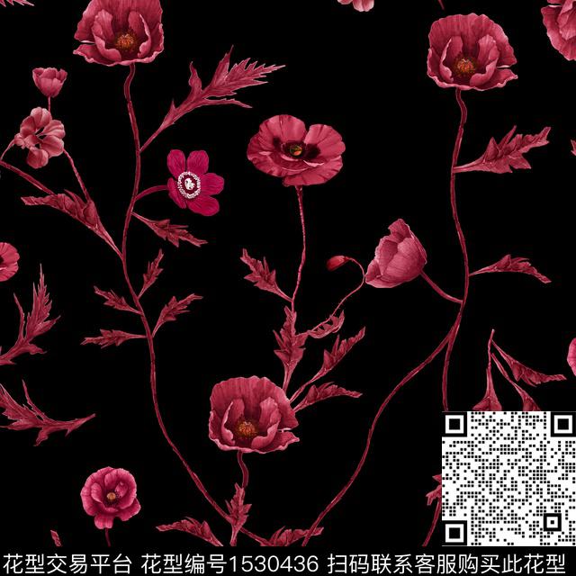 水彩花卉黑底花卉数码印花华亿平台下载（图片编号: 1530436） - 瓦栏（Walan）