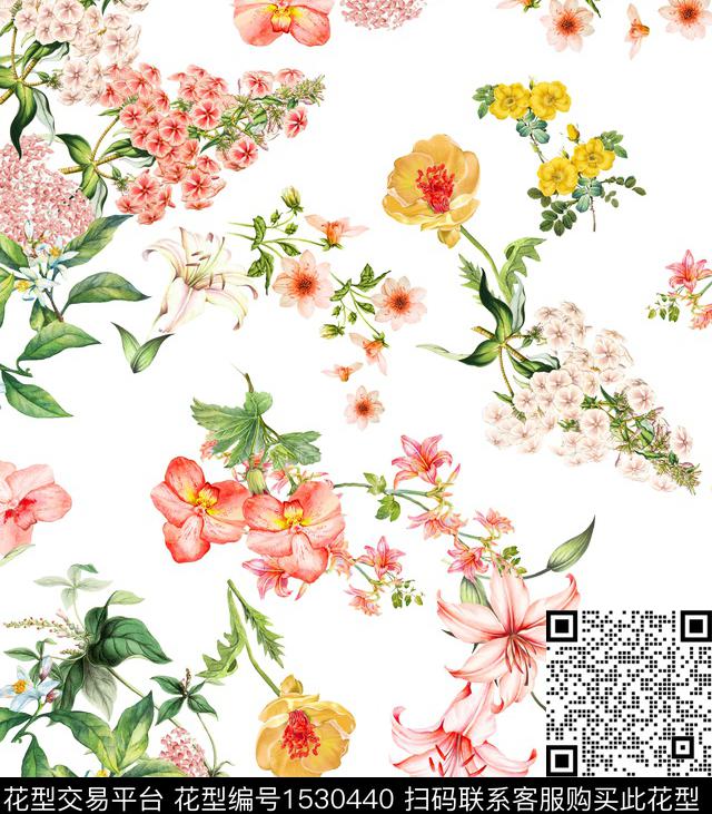复古花卉白底花数码印花华亿平台下载（图片编号: 1530440） - 瓦栏（Walan）