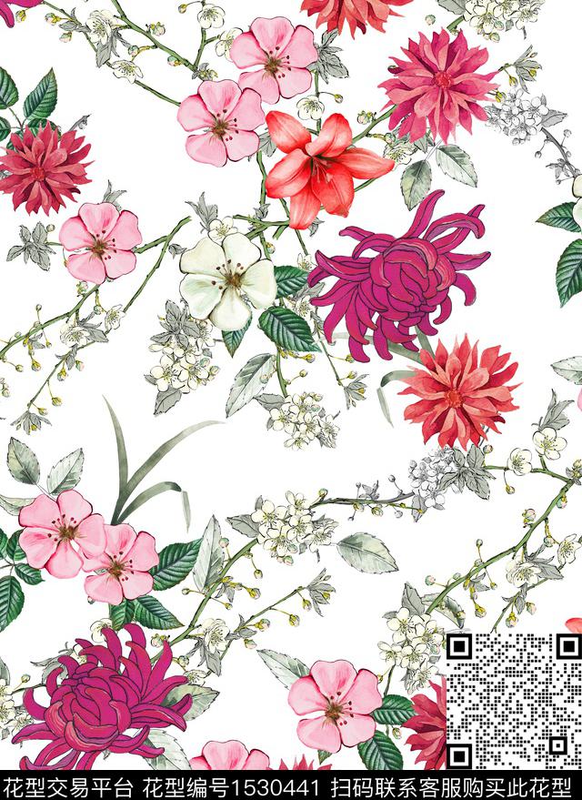 手绘花卉白底花数码印花华亿平台下载（图片编号: 1530441） - 瓦栏（Walan）