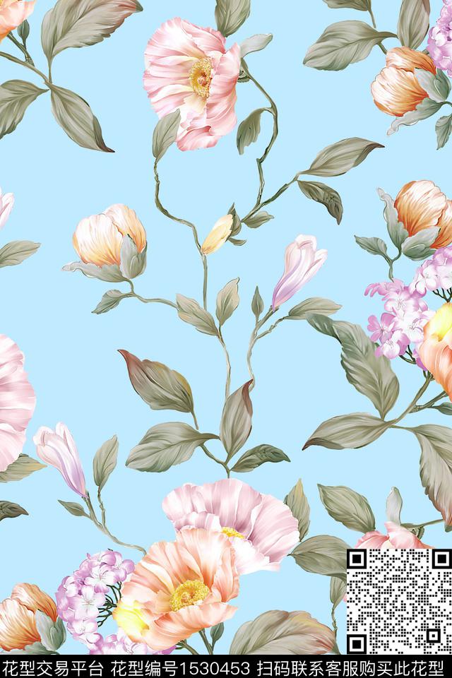 女装大花花卉数码印花华亿平台下载（图片编号: 1530453） - 瓦栏（Walan）