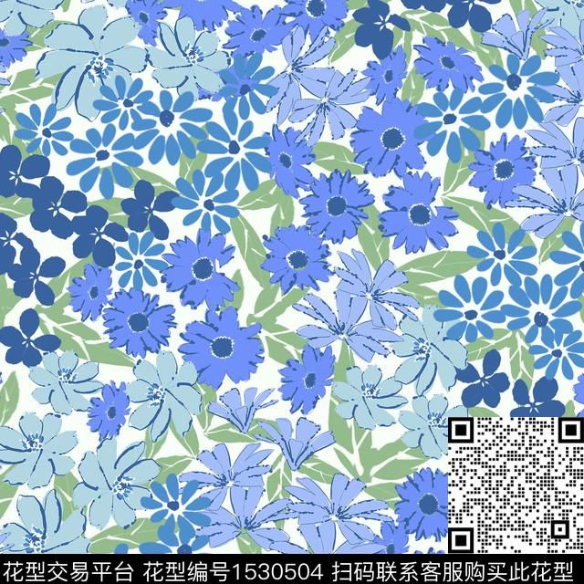 女装靛蓝绿植树叶数码印花华亿平台下载（图片编号: 1530504） - 瓦栏（Walan）