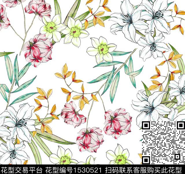 手绘花卉白底花数码印花华亿平台下载（图片编号: 1530521） - 瓦栏（Walan）
