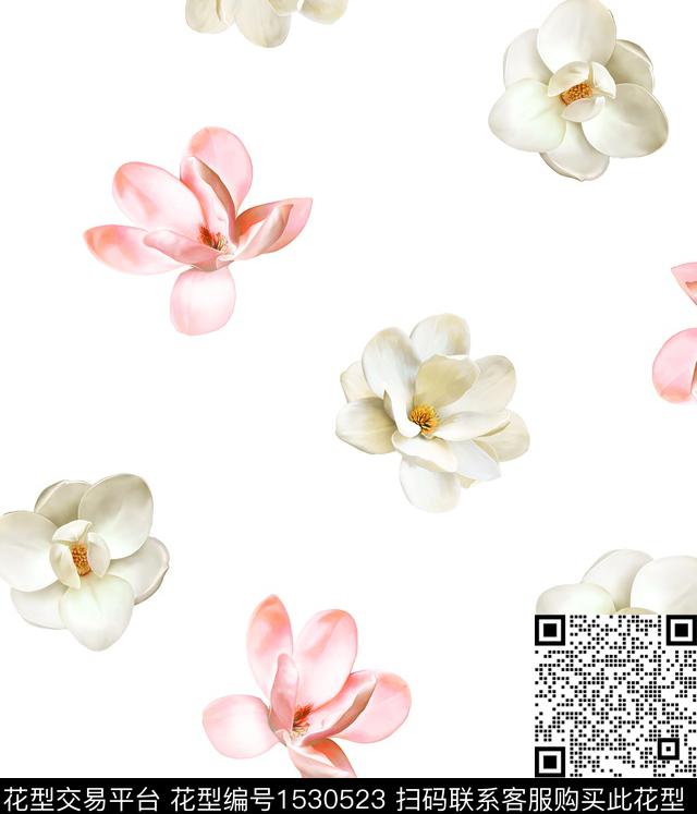 简约花卉白底花数码印花华亿平台下载（图片编号: 1530523） - 瓦栏（Walan）