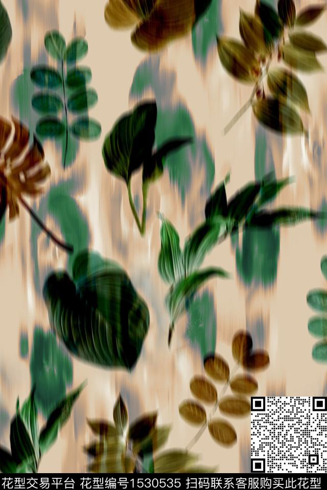 时尚真丝绿植树叶数码印花华亿平台下载（图片编号: 1530535） - 瓦栏（Walan）