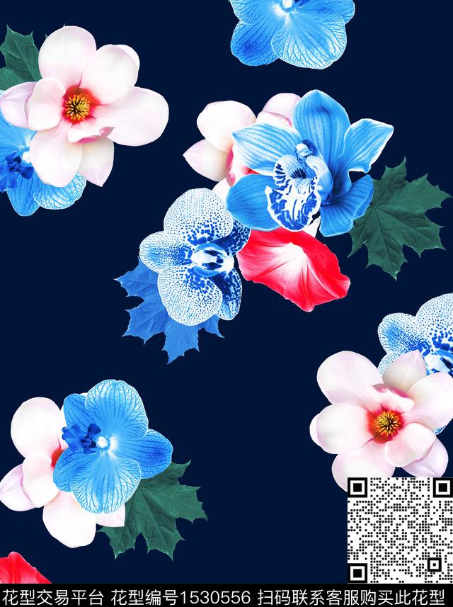花卉简约老蓝底数码印花华亿平台下载（图片编号: 1530556） - 瓦栏（Walan）
