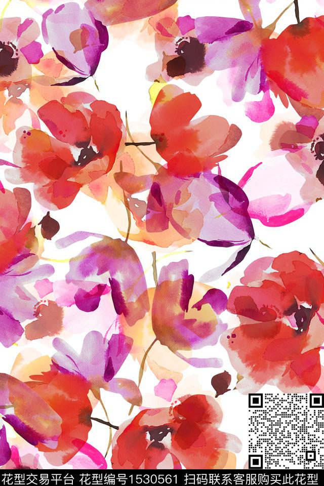 春夏华亿平台水彩花卉年轻女性数码印花华亿平台下载（图片编号: 1530561） - 瓦栏（Walan）