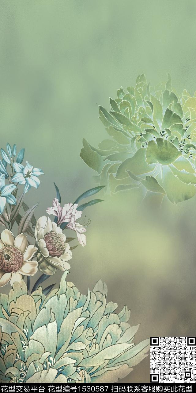 真丝大花定位花数码印花华亿平台下载（图片编号: 1530587） - 瓦栏（Walan）