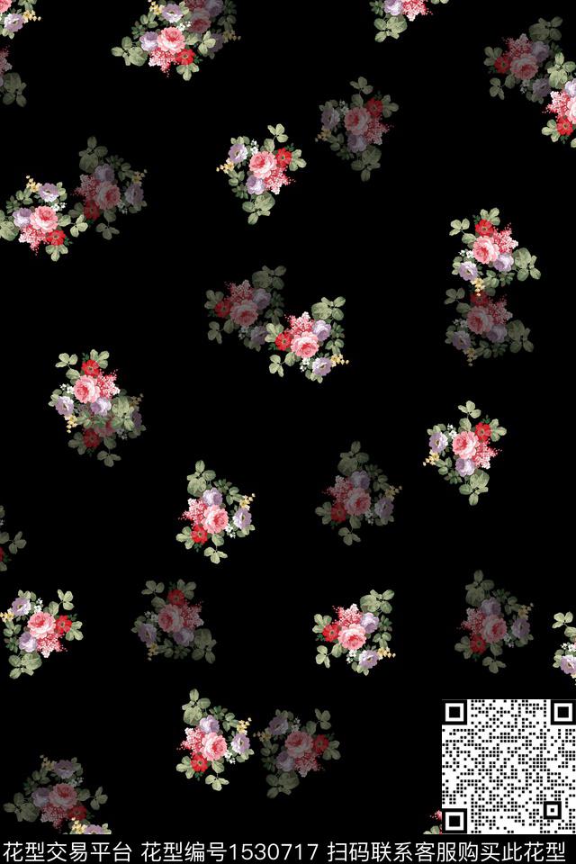 黑底花卉花卉小碎花数码印花华亿平台下载（图片编号: 1530717） - 瓦栏（Walan）