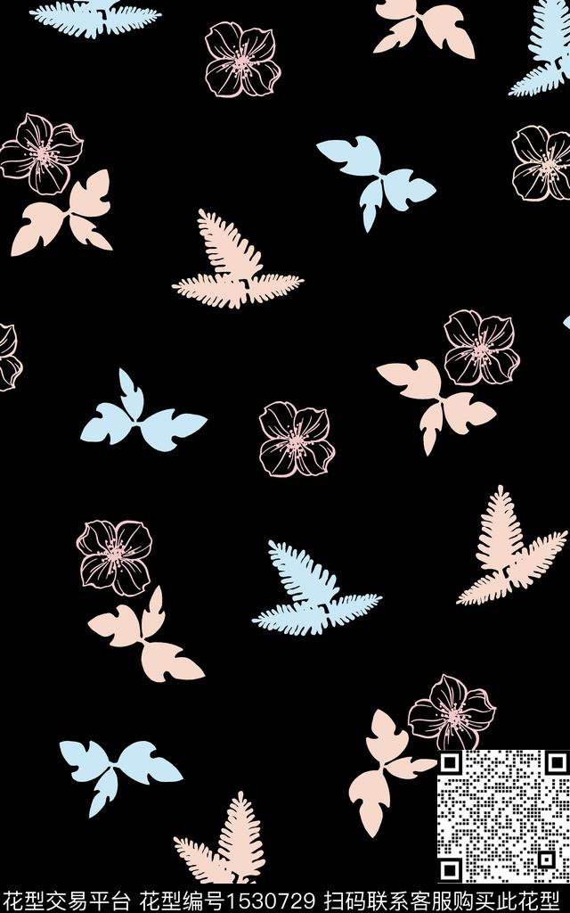 叶子花卉黑底花卉数码印花华亿平台下载（图片编号: 1530729） - 瓦栏（Walan）