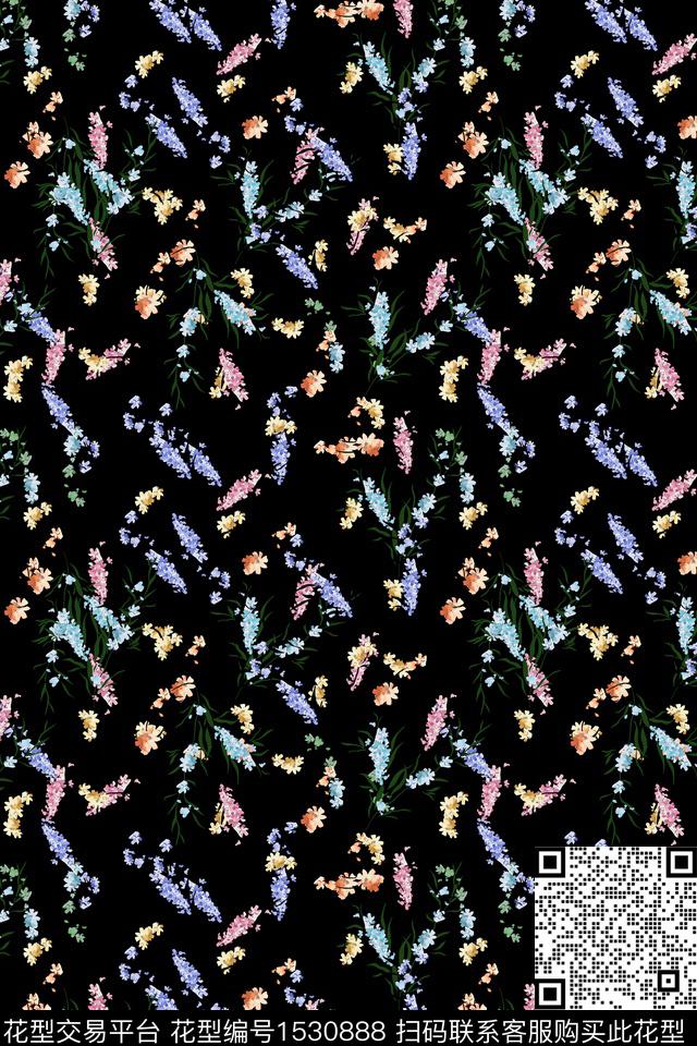 黑底花卉花卉小碎花数码印花华亿平台下载（图片编号: 1530888） - 瓦栏（Walan）