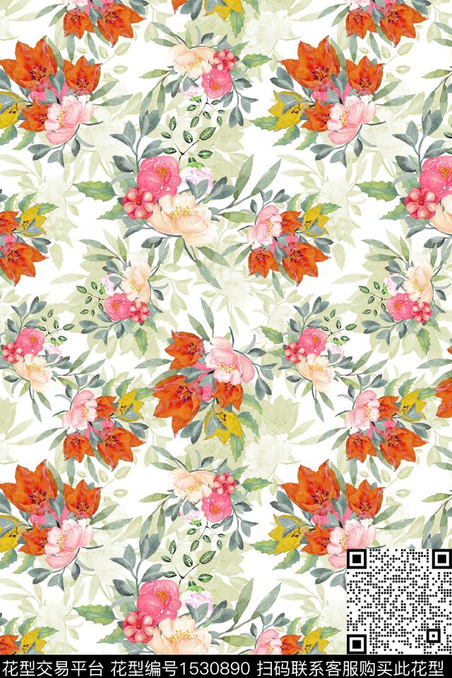 春夏华亿平台水彩花卉数码印花华亿平台下载（图片编号: 1530890） - 瓦栏（Walan）