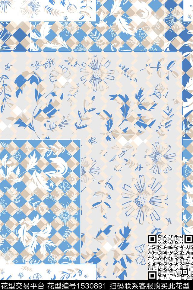 格子花卉混合拼接数码印花华亿平台下载（图片编号: 1530891） - 瓦栏（Walan）