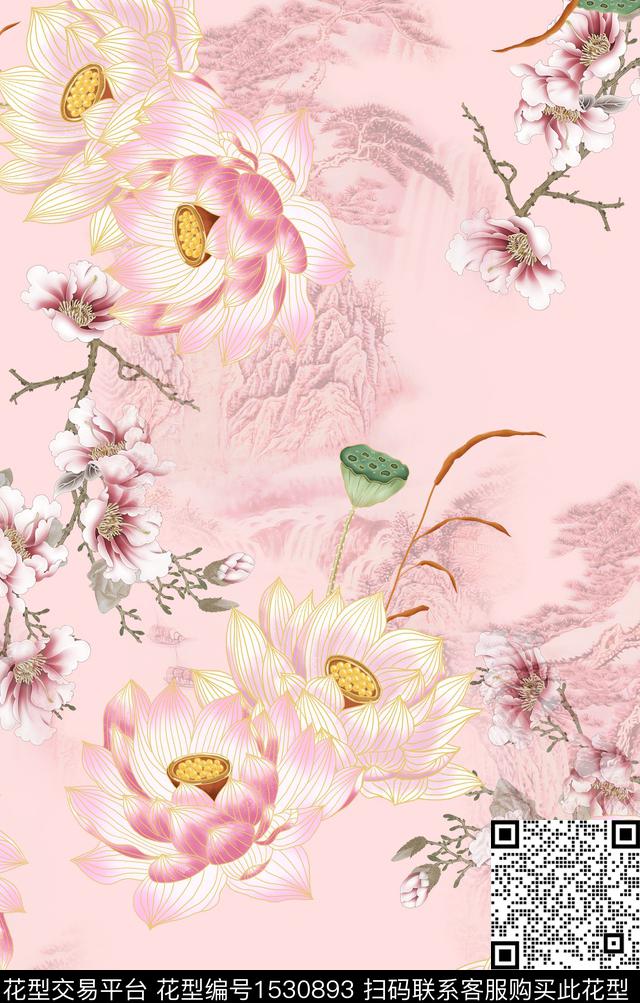 花卉中国风莲花数码印花华亿平台下载（图片编号: 1530893） - 瓦栏（Walan）