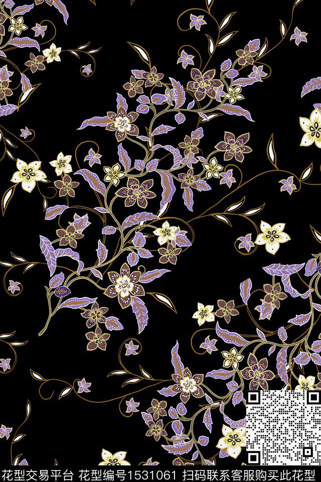 黑底花卉小碎花数码华亿平台数码印花华亿平台下载（图片编号: 1531061） - 瓦栏（Walan）