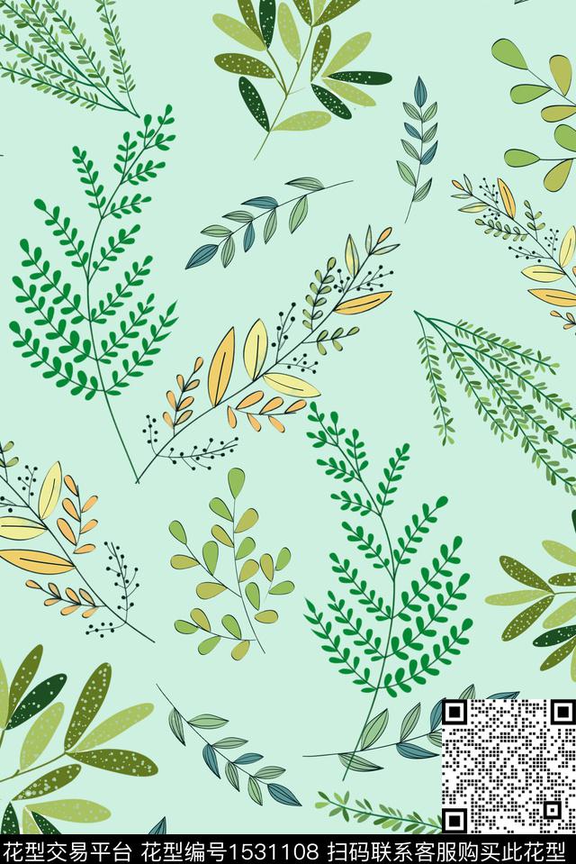 手绘大花女装绿植树叶数码印花华亿平台下载（图片编号: 1531108） - 瓦栏（Walan）