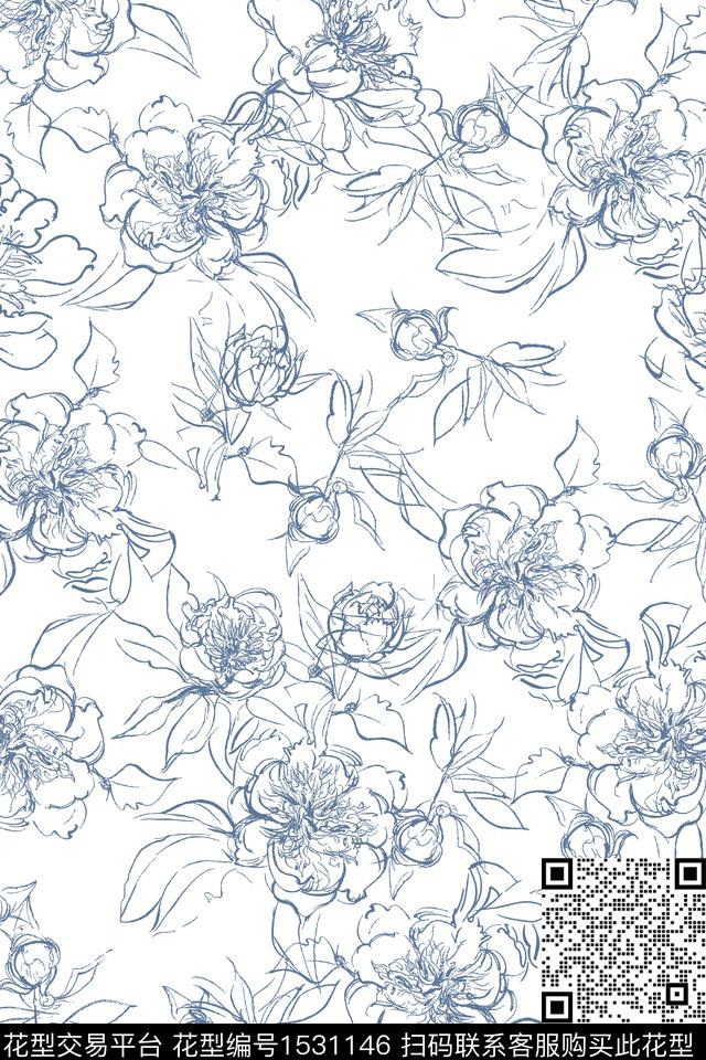春夏华亿平台真丝线条花卉数码印花华亿平台下载（图片编号: 1531146） - 瓦栏（Walan）