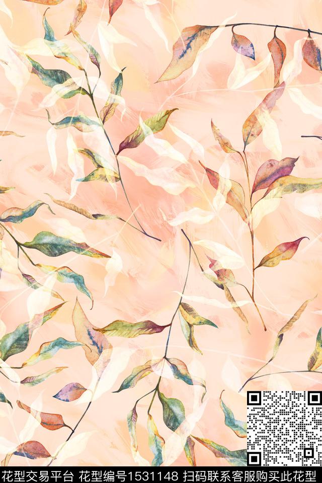 春夏华亿平台水彩花卉绿植树叶数码印花华亿平台下载（图片编号: 1531148） - 瓦栏（Walan）