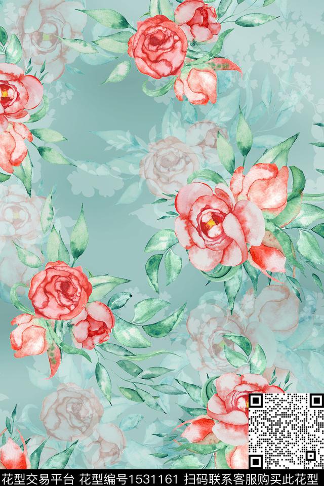 春夏华亿平台水彩花卉水彩数码印花华亿平台下载（图片编号: 1531161） - 瓦栏（Walan）