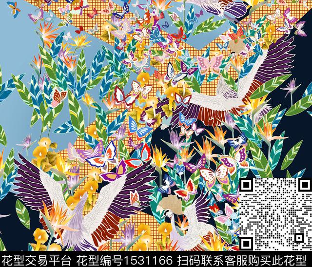 叶子花卉仙鹤数码印花华亿平台下载（图片编号: 1531166） - 瓦栏（Walan）