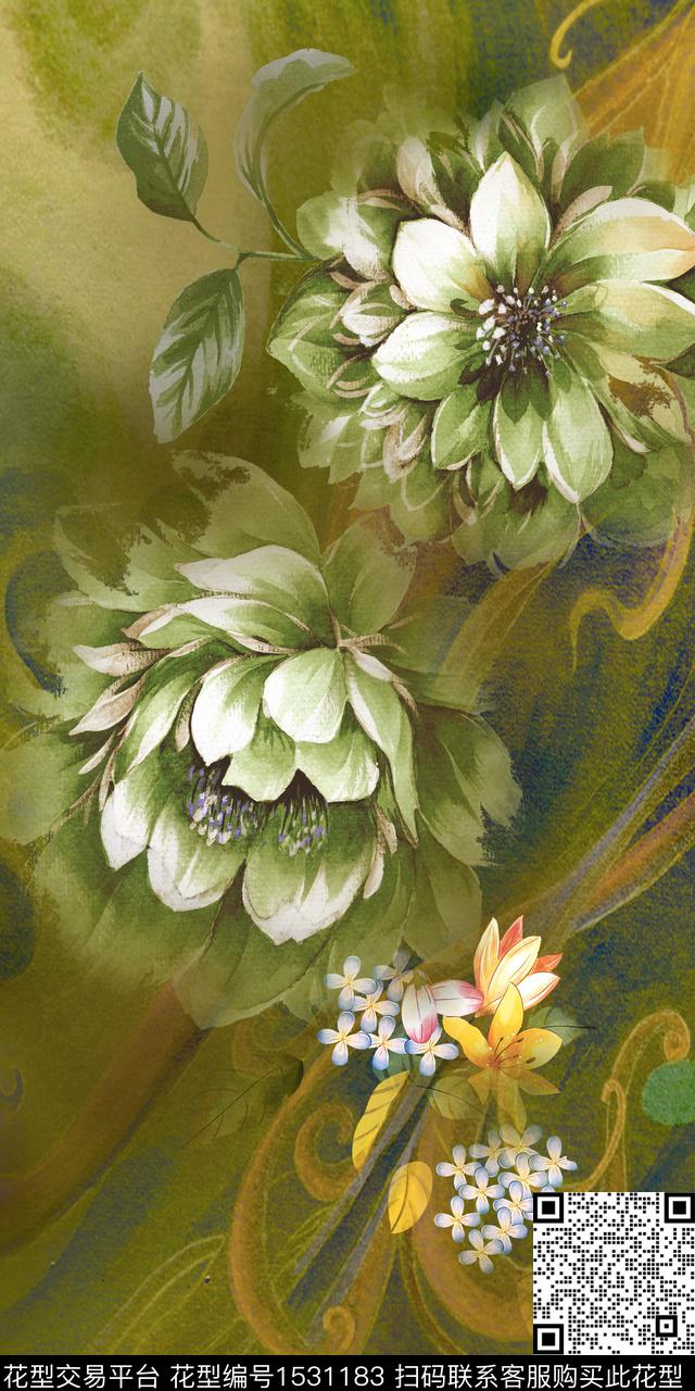大花定位花中国风数码印花华亿平台下载（图片编号: 1531183） - 瓦栏（Walan）