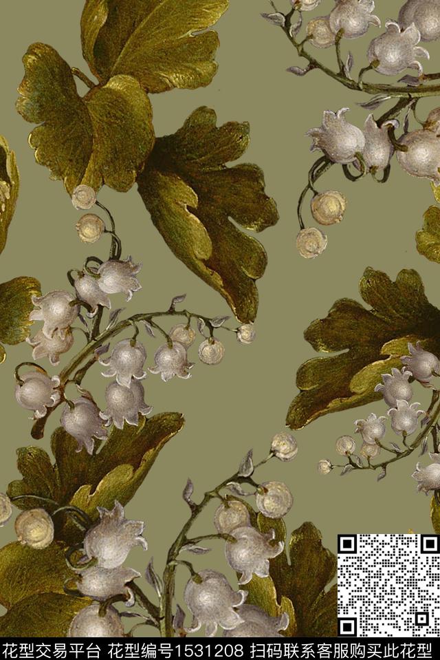 手绘大花绿植树叶花卉数码印花华亿平台下载（图片编号: 1531208） - 瓦栏（Walan）