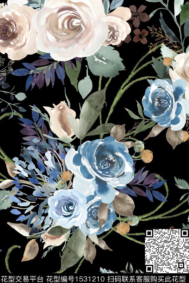 水彩绿植树叶花卉数码印花华亿平台下载（图片编号: 1531210） - 瓦栏（Walan）