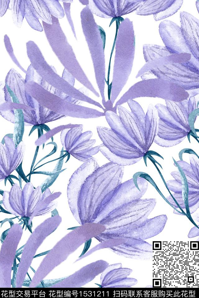 水彩绿植树叶花卉数码印花华亿平台下载（图片编号: 1531211） - 瓦栏（Walan）