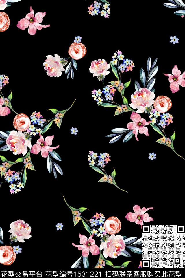 黑底花卉小碎花数码华亿平台数码印花华亿平台下载（图片编号: 1531221） - 瓦栏（Walan）