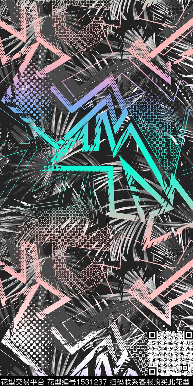 渐变几何绿植树叶数码印花华亿平台下载（图片编号: 1531237） - 瓦栏（Walan）