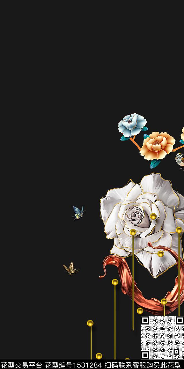 真丝大花定位花数码印花华亿平台下载（图片编号: 1531284） - 瓦栏（Walan）