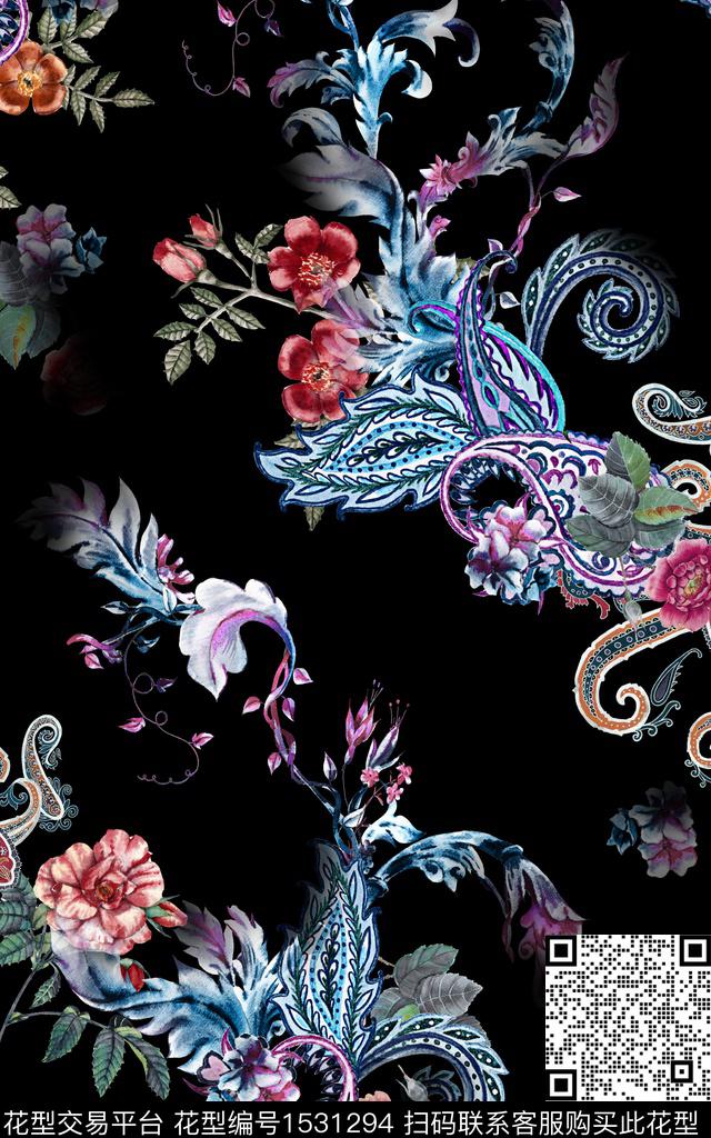 复古佩斯利真丝数码印花华亿平台下载（图片编号: 1531294） - 瓦栏（Walan）