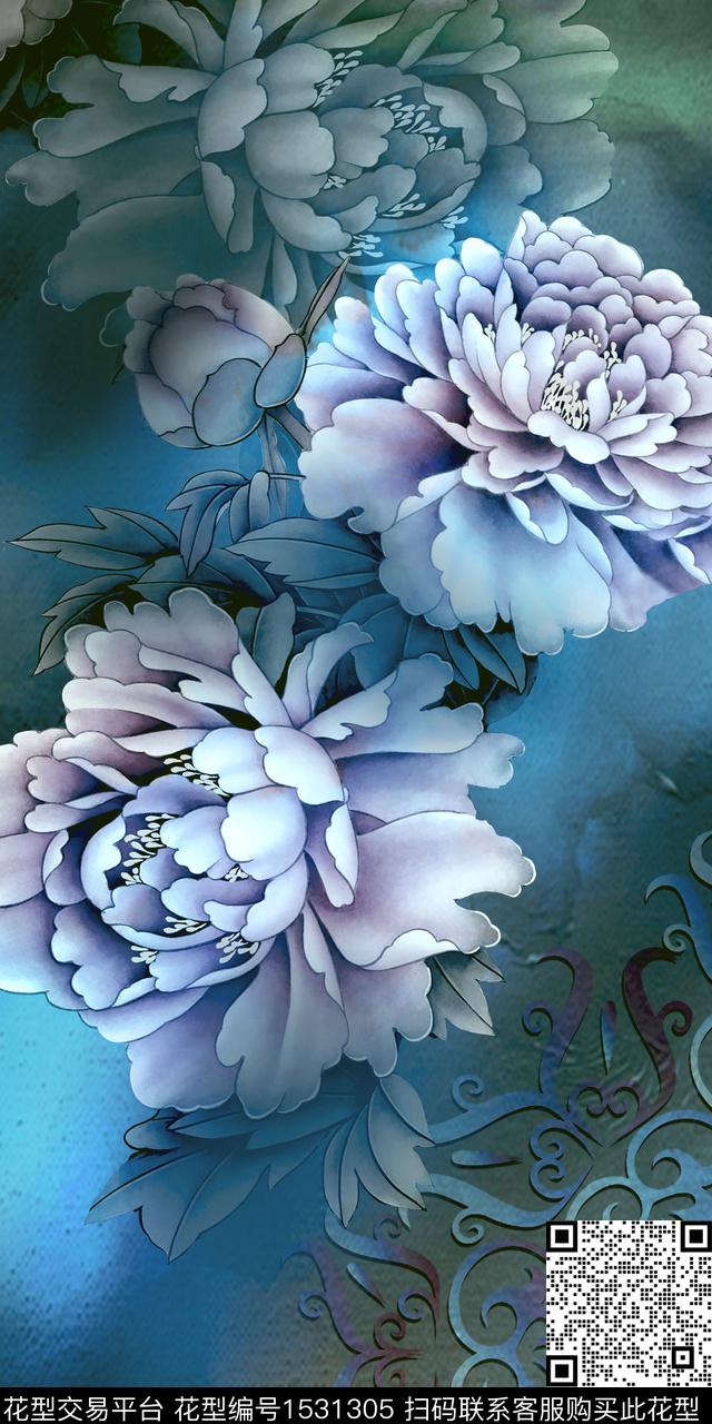 真丝大花定位花数码印花华亿平台下载（图片编号: 1531305） - 瓦栏（Walan）